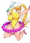  1girl arms_up breasts covered_nipples erect_nipples female green_eyes highres huge_breasts kneeling long_hair mozuku_(djpw) nipples open_mouth orange_hair puffy_nipples shiny shiny_skin smile swimsuit thighs twintails 