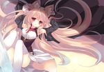  animal_ear_fluff animal_ears armpits arms_up bad_id bad_pixiv_id blonde_hair blush detached_sleeves fox_ears fox_tail long_hair original p19 red_eyes sitting skirt solo tail thighhighs very_long_hair white_background 
