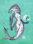  breasts dalehan earrings grey_skin grin hoop_earrings jewelry mermaid monster_girl nipples nude original ribbon scar shark_fin shark_girl sharp_teeth small_breasts smile solo tail tail_ribbon teeth 