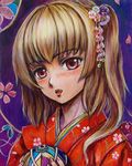  alternate_costume ball blonde_hair cherry_blossoms fang fingernails flandre_scarlet floral_print flower hair_flower hair_ornament head_tilt japanese_clothes kimono lips looking_at_viewer nail_polish oil_painting_(medium) open_mouth purple_background red_eyes short_hair side_ponytail simple_background solo tafuto temari_ball touhou traditional_media upper_body 