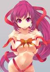  asami_kei blush breasts cleavage contrapposto girlfriend_(kari) grey_background highres large_breasts long_hair looking_at_viewer naked_ribbon navel open_mouth pon_(shind_997) ponytail purple_eyes purple_hair ribbon shiny shiny_skin simple_background skindentation solo standing very_long_hair 