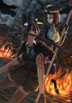  abazu-red blood breasts carrying eyepatch fire glaive gloves hands headgear highres kantai_collection mechanical_halo medium_breasts mouth_hold multiple_girls night piggyback purple_eyes purple_hair school_uniform short_hair smile sword tatsuta_(kantai_collection) tenryuu_(kantai_collection) weapon yellow_eyes 