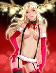  animal_ears antlers bell bell_collar blonde_hair bow breasts christmas christmas_ornaments collar contrapposto elbow_gloves garter_straps gloves hand_on_hip jingle_bell lights long_hair maha_(hyukyu6) medium_breasts naked_suspenders navel original panties red_gloves ribbon smile solo standing suspenders thighhighs topless underwear yellow_eyes 