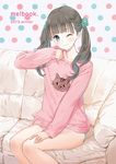  ;3 animal_print black_hair blue_eyes cat cat_print couch kishida_mel long_hair looking_at_viewer no_pants one_eye_closed original panties polka_dot polka_dot_background print_sweater sitting smile solo sweater twintails underwear 