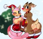  back_turned bell big_breasts big_butt blush breast_squish breasts butt cervine christmas crossgender duo feline female gift hat holidays looking_at_viewer looking_back mammal nipples noodle one_eye_closed reindeer rudolph santa_hat side_boob sparkle sssonic2 thick_thighs wide wide_hips wink 