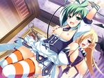  2girls arms_up artist_request bdsm blonde_hair bondage bound breasts character_request daiuchuu_no_hokori female femdom game_cg green_hair layne lillet_ortofon multiple_girls nipples no_panties pointy_ears pussy relette_oltophon source_request stripped thighhighs uncensored wheel-soft yuri yuuki_hagure 