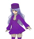  boots buttons coat cosplay cravat eyepatch fate/stay_night fate_(series) gloves hat highres illyasviel_von_einzbern illyasviel_von_einzbern_(cosplay) infinite_stratos knee_boots kuso_otoko laura_bodewig long_hair pants purple_hat red_eyes silver_hair smile solo 