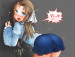  1boy against_wall ahegao androgynous bent_over blue_eyes blush brown_hair bulge crossdressing cum cum_string freeze-ex hair_ribbon long_hair looking_back male male_focus open_mouth orgasm original pixiv_manga_sample ribbon skirt sleeve_past_wrists thighhighs tongue tongue_out trap white_legwear 