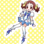  bad_id bad_pixiv_id blue_choker blue_skirt blush bow brooch brown_eyes brown_hair choker cosplay cure_marine cure_marine_(cosplay) dokidoki!_precure hair_ribbon heartcatch_precure! jewelry morimoto_eru polka_dot polka_dot_background precure ribbon shoes short_hair short_twintails shurikenger skirt solo thighhighs twintails white_legwear wrist_cuffs yellow_background zettai_ryouiki 