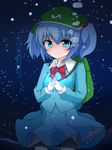  blue_background blue_eyes blue_hair blush bubble glowing hair_bobbles hair_ornament hands_together hat houkiboshi interlocked_fingers kawashiro_nitori key light_smile looking_at_viewer short_hair skirt skirt_set touhou two_side_up underwater 
