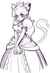 animal_ears breasts cat_ears cat_tail crown dress gown kemonomimi_mode lips long_dress long_hair mario_(series) medium_breasts monochrome princess_peach puckered_lips puffy_short_sleeves puffy_sleeves sho-n-d short_sleeves solo super_mario_bros. tail v_arms 