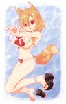  animal_ears ankle_ribbon breasts fox_ears fox_tail highres large_breasts long_hair looking_at_viewer mnjs navel open_mouth original red_eyes ribbon shoes single_shoe smile solo tail 
