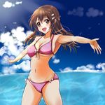  bikini brown_hair front-tie_top hair_ornament hairclip highres long_hair niimi_haruka_(photokano) open_mouth outstretched_arms photokano red_eyes side-tie_bikini smile solo swimsuit tranquilizer_(bestcenter) water 