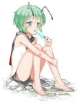  antenna_hair barefoot bobomaster food green_eyes green_hair petite popsicle short_hair sitting soaking_feet solo touhou water wriggle_nightbug 