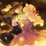  blonde_hair brown_eyes brown_hair capelet closed_eyes gem glowing hat holding_hands interlocked_fingers long_hair maribel_hearn multiple_girls necktie smile touhou usami_renko watase_rei 