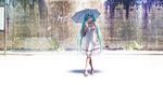  aqua_eyes aqua_hair bag bracelet crossed_legs dress feet hatsune_miku high_heels highres jewelry legs long_hair necklace open_toe_shoes parasol sandals shoes sign smile solo sundress toes twintails umbrella very_long_hair vocaloid wall watson_cross weeds wokada 