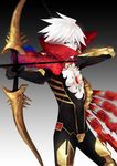  armor arrow blue_eyes bodysuit bow_(weapon) cape drawing_bow fate/extra fate/extra_ccc fate_(series) fur_trim heterochromia holding holding_arrow holding_bow_(weapon) holding_weapon karna_(fate) left-handed male_focus red_eyes sindri solo weapon white_hair 
