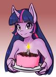  &lt;3 anthro anthrofied breasts cake candle cleavage clothed clothing equine female fire food friendship_is_magic hair horn horse looking_at_viewer mammal my_little_pony pony purple_eyes purple_hair scorpdk smile solo twilight_sparkle_(mlp) unicorn 