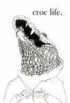 clara_(artist) crocodile english_text gloves hoodie male monochrome reptile scalie solo text 