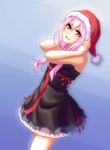  black_dress dress guilty_crown hat highres long_hair monorus pink_hair red_eyes santa_hat smile solo strapless strapless_dress yuzuriha_inori 
