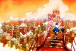  bag black_legwear city cityscape cloud highres inoji_minato original scenery school_uniform serafuku skirt stairs torii 