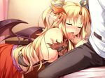  1girl blonde_hair blush breasts censored erect! eyes_closed game_cg long_hair nipples penis piromizu pointy_ears solo tail tiana_jill_lilithtia wings 