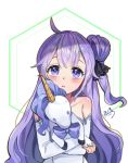  ahoge azur_lane bangs bare_shoulders black_ribbon blush bow collarbone commentary_request detached_sleeves dress eyebrows_visible_through_hair hair_between_eyes hair_bun hair_ribbon head_tilt lerome long_hair long_sleeves looking_at_viewer object_hug one_side_up parted_lips purple_bow purple_eyes purple_hair ribbon side_bun sidelocks signature sleeves_past_wrists solo stuffed_animal stuffed_toy stuffed_unicorn unicorn_(azur_lane) upper_body very_long_hair white_dress white_sleeves 