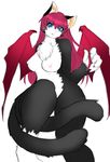  bat_wings black_fur blue_eyes breasts chest_tuft feline female fur hair handymonsters kurube long_hair looking_at_viewer mammal multiple_tails nipples plain_background red_hair solo tuft unknown_species white_background white_fur wings 