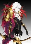  armor arrow blue_eyes bow_(weapon) cape fate/apocrypha fate_(series) fur_trim genderswap genderswap_(mtf) jewelry karna_(fate) long_hair necklace sindri single_earring solo thighhighs weapon white_hair zettai_ryouiki 