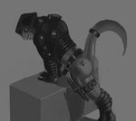  argonian belt bent_over boots bottomless butt fangs grey_background greyscale knife looking_at_viewer looking_back male monochrome murskahammas pawprint plain_background pose presenting raised_tail reptile scalie shadow solo standing tail_ring tattoo the_elder_scrolls video_games 