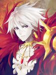  armor blue_eyes cape eyeliner fate/apocrypha fate_(series) fur_trim jewelry karna_(fate) makeup male_focus sindri single_earring slit_pupils solo white_hair 
