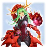  bodysuit breasts brown_eyes christmas_ornaments dragon gift green_hair highres large_breasts long_hair mnjs original solo 