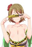  bare_shoulders blush breasts brown_hair clearite cleavage covering_eyes fan folding_fan highres japanese_clothes koizumi_hanayo large_breasts looking_at_viewer love_live! love_live!_school_idol_project off_shoulder purple_eyes short_hair smile solo 