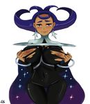  blush bodysuit breasts cape curvy dark_nipples dark_skin earrings eyebrows gojika_(pokemon) gym_leader jewelry large_breasts lightsource lips nipples pokemon pokemon_(game) pokemon_xy purple_hair smile solo spiked_hair star star_earrings tearing_clothes thick_eyebrows torn_bodysuit torn_clothes 