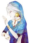  bracelet earrings fate/apocrypha fate_(series) hood indian_clothes jewelry karna_(fate) male_focus necklace ring sari sindri solo white_hair 