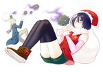  1girl bad_id bad_pixiv_id black_hair blonde_hair christmas fake_facial_hair fake_mustache glasses harattemasen_yo? hat hoshino_rei kyougetsu_(junrai) myoujin_kai original sack santa_hat shorts thighhighs 