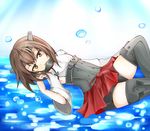  bike_shorts blush brown_eyes brown_hair flat_chest headband headgear highres kantai_collection looking_at_viewer lying mesoso on_back open_mouth short_hair skirt solo taihou_(kantai_collection) thighhighs water 