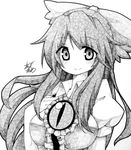  artist_name blush bow breasts clown_222 greyscale hair_bow large_breasts light_smile long_hair looking_at_viewer millipen_(medium) monochrome reiuji_utsuho shikishi signature solo third_eye touhou traditional_media upper_body very_long_hair 