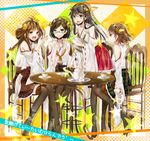  ahoge bare_shoulders black_hair boots brown_hair detached_sleeves double_bun glasses hair_ornament hairband hairclip haruna_(kantai_collection) headgear hiei_(kantai_collection) japanese_clothes kantai_collection kirishima_(kantai_collection) kongou_(kantai_collection) long_hair multiple_girls noka_(blackheart1118) nontraditional_miko open_mouth pantyhose pout ribbon-trimmed_sleeves ribbon_trim short_hair star tea tears thigh_boots thighhighs 