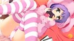  animal_costume animal_hood ass brand_name_imitation bunny_costume bunny_hood cameltoe controller dutch_angle fluffy_legwear food fruit game_controller gamepad green_eyes heart hood idolmaster idolmaster_million_live! loungewear mil_(siratamamil) mochizuki_anna no_pants orange panties pink_panties purple_hair solo striped striped_legwear thighhighs underwear 