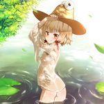  blonde_hair bobomaster bottomless brown_eyes hat lily_pad moriya_suwako petite see-through short_hair solo standing touhou wading water wet wet_clothes 