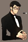  arsene_lupin_iii black_hair black_jacket brown-framed_eyewear brown_background closed_mouth fingers_together formal glasses jacket long_sleeves looking_at_viewer lupin_iii male_focus necktie simple_background smile solo suit thick_eyebrows toujou_sakana upper_body white_neckwear 
