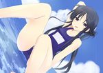  arm_up black_hair blush cloud day long_hair one-piece_swimsuit open_mouth original partially_submerged purple_eyes school_swimsuit sitting sky solo swimsuit tachibana_(tach011194) water 