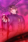 brown_eyes brown_hair cassock cross cross_necklace fate/stay_night fate_(series) jewelry kotomine_kirei male_focus necklace solo tentacles urako 