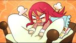  :d angry bed bed_sheet blazblue book empty_eyes full_body fume long_hair long_sleeves lowres on_bed open_mouth pajamas pillow red_hair smile solo tsubaki_yayoi tsurime v-shaped_eyebrows 