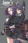  breasts dress eyepatch fingerless_gloves gloves headgear kantai_collection large_breasts mechanical_halo mikoyan multiple_girls necktie parody purple_hair school_uniform short_dress short_hair skirt smile tatsuta_(kantai_collection) tenryuu_(kantai_collection) thighhighs weapon yellow_eyes zettai_ryouiki 