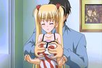  airi_akizuki animated animated_gif bathroom black_hair blonde_hair blue_eyes blush breasts clothes father_and_daughter groping hair_ribbon large_breasts oni_chichi poro ribbon surprised 