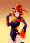  alternate_costume bad_end_precure bad_end_sunny bakusai black_gloves black_legwear bodysuit boots breasts cleavage dark_persona diamond_(shape) earrings fingerless_gloves gloves gradient gradient_background hair_bun hair_ornament half_updo happy jewelry large_breasts leotard looking_at_viewer magical_girl orange_background orange_eyes orange_hair precure short_hair smile smile_precure! solo standing thigh_boots thighhighs wings 