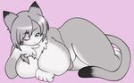  big_breasts blush breasts cat chest_tuft feline female fur green_eyes grey_fur grey_hair hair hi_res kurube looking_at_viewer lying mammal nude one_eye_closed pink_background plain_background smile solo tuft white_fur 