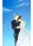  1girl black_hair collared_shirt couple dress formal good_end hetero himeno_mikoto himuro_hitoshi holding_hands kaii_shoukougun long_hair necktie rh0012 shirt short_hair silver_hair suit white_dress 